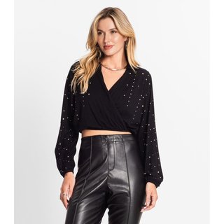 Camisa Feminina Manga Longa Com Strass Endless Preto