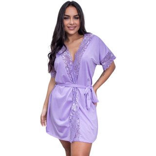 Robe de Luxo Microfibra Com Renda Hobby Roupão Roupa de Dormir com Cinto Lingerie Sexy para Noite Especial - LILÁS