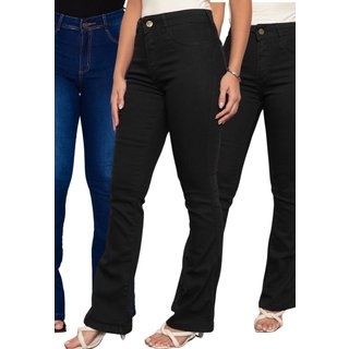 KIT 3 Calça Flare Feminina Ethereal Jeans Cintura Alta Azul Escuro Preto
