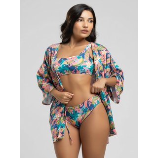 Conjunto Vicbela Biquíni Regata Calcinha Comum + Saída de Praia Kimono Flor