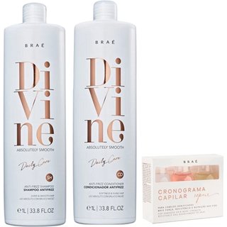 BRAE Divine Anti-Frizz - Shampoo+Condicionador 1L+Cronograma Capilrar Repair Kit 3 Ampolas
