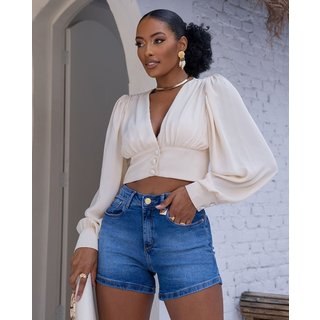 Shorts Jeans Mom Feminino Cintura Alta Detalhe Botão 24223 Média Consciência