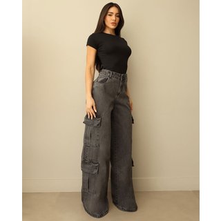 Calça Jeans Wide Leg Feminina Relaxed Cargo 24892 Vintage Consciência