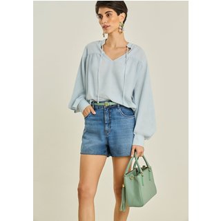 Blusa Maria Valentina Solta Gola Padre Manga Longa Padrão Azul