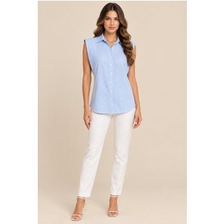 Camisa Feminina Listrada Lapetry Sem Manga Azul com Gola e Botões – Elegante e Casual