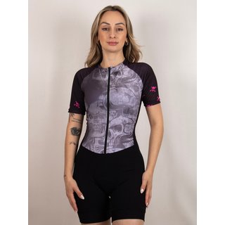 Macaquinho De Ciclismo Feminino Manga Curta Estampa Caveira Esfumado Com Forro Em Gel