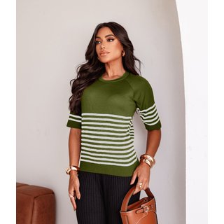 Blusa Cherry Line Tricô Manga Curta Listrada Gola Redonda Verde E Off White