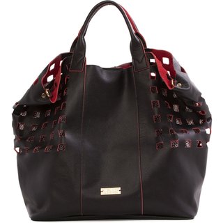 Bolsa Feminina Em Couro Alça De Mão Preta Com Vermelha "Sabina Melo"""