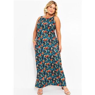 Vestido Em Jersey Acetinado Folhagem Araras Marguerite