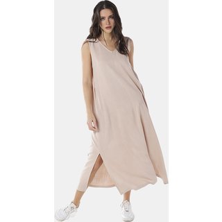 Vestido Longo de Linho Bege Gola V com Bolsos Sob