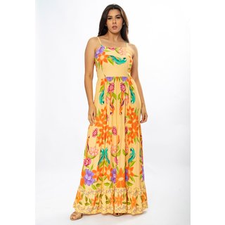 Vestido Longo Amazônia Vital Alça Fina Estampa Alegria Tropical