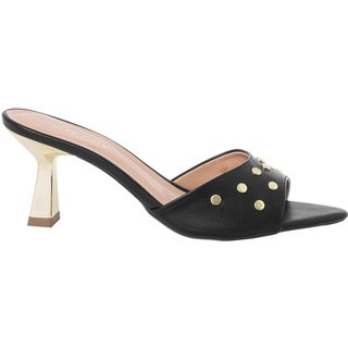 Tamanco Feminino Mule Stessy Bico Folha Salto Taça Cromado Tachas Preto