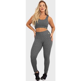 Conjunto Fitness Tarelles Top Calça Legging Textura Onça Cinza