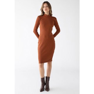 Vestido Curto Gola Alta Levosch Ribana Algodão Premium Caramelo