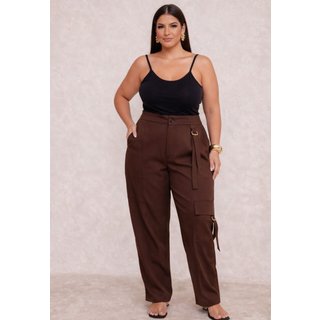 Calça Pantalona Plus Size Cargo com Cintura Alta Marrom