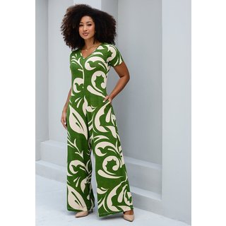 Macacão Pantalona M/C Bolsos B’Bonnie Esther Estampa Verde Escuro