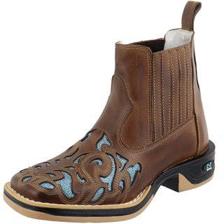 Bota Botina Feminina RR Botas Rodeio Country Couro Detalhe Laser Bico Quadrado Confortável Marrom