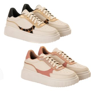 Kit 2 Tenis Creper Feminino Casual Off White Onça+Rose Estilo Shoes