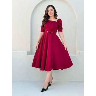 Vestido Midi Social Elegante Decote Quadrado Assimétrico de Festa Convidada Marsala