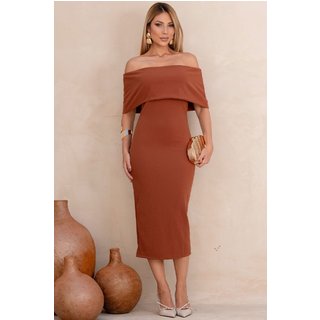 Vestido Ayla Midi Ombro a Ombro C/Ziper Lateral Marrom