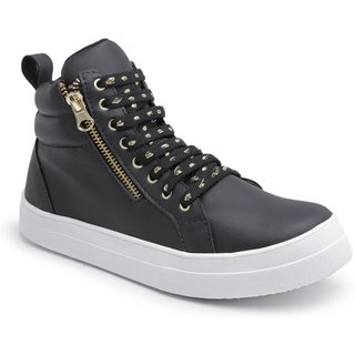 Sneaker Tênis Casual Botinha Feminina Cano Alto Sola Alta Emborrachada Zíper Lateral Amarração Preto