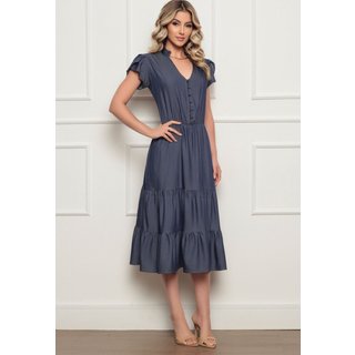 Vestido Feminino Midi Com Babado Três Marias em Tecido Chamber Premium Detalhes Exclusivos