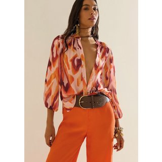Camisa Morena Rosa Solta Gola Padre Manga 7 Oitavos Padrão Rosa