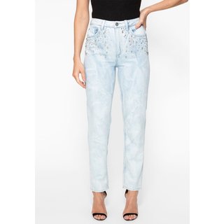 Calça Mom Jeans Eco Aplique Strass Azul Claro