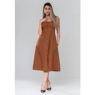 Vestido Mid Regata Fechamento Com Botões Frontais Moda Verão Casual Amarração Ajuste Confortável Marrom