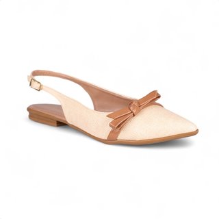 Sapatilha Slingback Fivela Bico Fino Tramado Bege Laço Delicado Caramelo