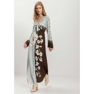 Vestido Longo Evasê Estampado Com Manga Longa E Nó