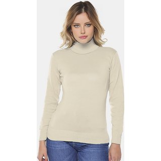 Blusa de Tricot Bege Sob Gola Alta Manga Longa Justa