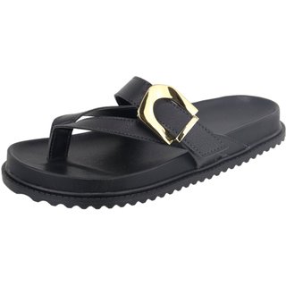 Papete Rasteira Feminina Paula B Com Tiras De Dedo E Detalhe Em Fivela De Metal Dourado Palmilha Confort Preto