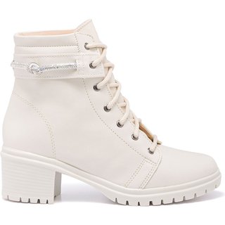 Bota Coturno Feminino Stessy Shoes Cano Baixo Salto Tratorada Brilho Off white