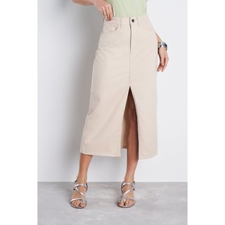 Saia Midi Jeans Bege Feminina Cintura Alta