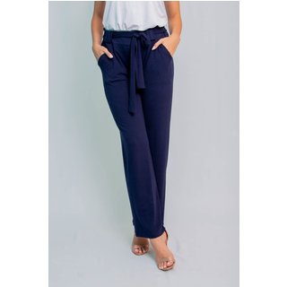 Calça Pantalona Maria Paes com Bolso e Cinto Azul Marinho