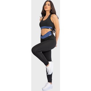 Conjunto Fitness Tarelles Top Calça Legging Transpassado Cintura Alta Preto e Azul
