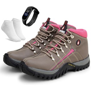 Kit Bota Adventure Bia Ramos para Trilha Confortavel Feminina Cinza Pink + Relógio e Meia