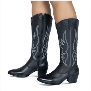 Bota Longa Feminina Western Couro Legitimo Preto Salto Bloco Texana 8810