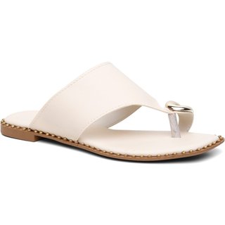 Sandália Feminina Rasteira Off White Anel Dourado Santa Rosa