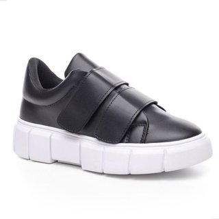 Tênis Feminino Clássico Casual Com Duas Fitas Autocolante Branco 34 Preto