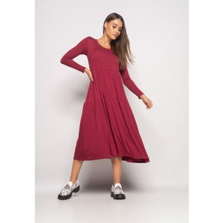 Vestido Midi Manga Longa Com Babado Malha Salvatore Vinho