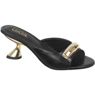 Sandália Feminina GiGiL Tamanco Mule Salto Alto Taça Metalizado Enfeite Tira Dourado Elegante Preto