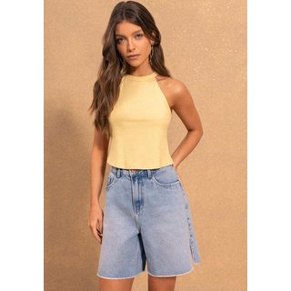 Blusa Curta Com Gola Redonda Em Malha Canelada Rústica