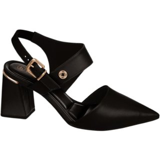 Sapato Feminino Slingback Fivela Preto Salto Bloco Grosso cê