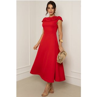 Vestido Hilda C/Detalhe Flor Na Gola Vermelho