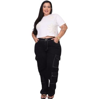 Calça Feminina Plus Size Jeans Light Super Cargo Preto 4 Bolsos Costura Invertida Branca