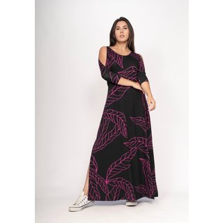 Vestido CabanaFree Boyrá Longo Malha Detalhe na Manga Estampa Antúrios Lilás