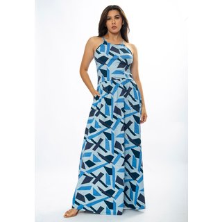 Vestido Amazônia Vital Longo Jennifer Malha Trapézio com Bolso Caminhos de Azul