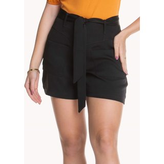 SHORT FEMININO COM FAIXA E BOLSO Preto
